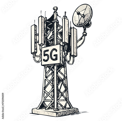 5G communication tower for wireless hi-speed internet. Mobile network technology in city life concept. LTE aerial connection with satellite net. Mast of station of the broadcasting cellular	