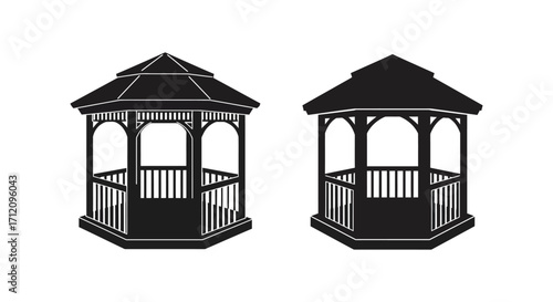 Two black and white illustrations of different gazebo designs are displayed