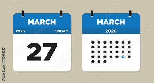 March 27 2026 Friday Calendar Vector Illustration. 27 March calendar page. Day calendar with date March 27.  Checklist day calendar. Modern Calendar template icon. Week Starts on Sunday.