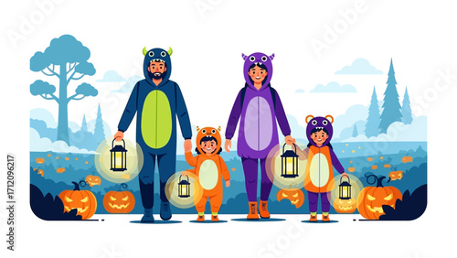Halloween Family Adventure: A joyful family embarks on a Halloween night, embracing the spirit of the holiday with unique costumes and lanterns.