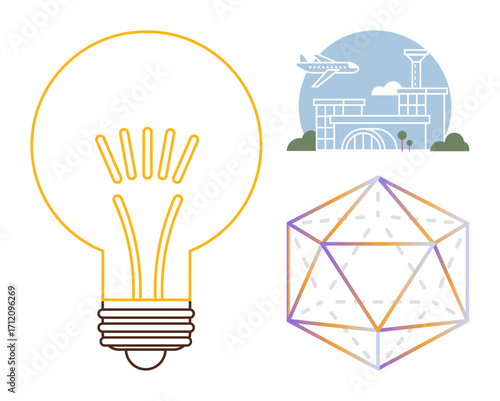 Lightbulb outline symbolizes ideas, airport with airplane conveys travel, geometric object suggests structure. Ideal for innovation, creativity, transport, design, business, technology global