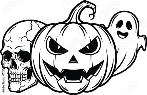 Spooky Halloween trio: a grinning pumpkin, a playful ghost, and a menacing skull.