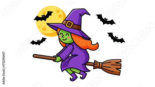Spooky Witch's Flight: A smiling witch soars across the night sky on her broomstick, with bats and a moon, perfect for your Halloween designs.