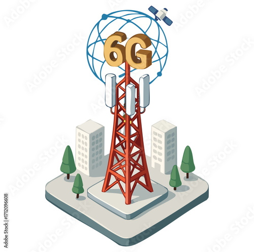 6G communication tower for wireless hi-speed internet. Mobile network technology in city life concept. LTE aerial connection with satellite net. Mast of station of the broadcasting cellular	