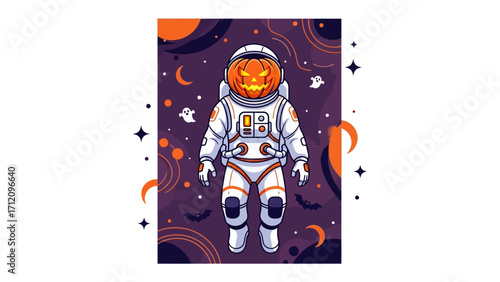 Halloween Astronaut: A whimsical illustration depicts an astronaut with a pumpkin for a head, floating in space, encircled by celestial elements and ghostly figures.