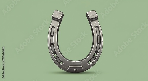 Shiny Silver Horseshoe Symbol of Good Luck Standing Upright on a Green Canvas