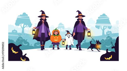 Halloween Costume Parade: Two adults and two children, each in Halloween costumes, walk happily along a street with decorations. It's Halloween night!