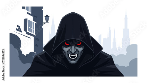 Dark Cloaked Figure with Evil Eyes: A menacing figure cloaked in shadows, illuminated by the eerie glow of the streetlights, its malevolent red eyes pierce through the night.