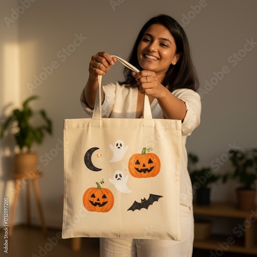 Smiling Indian woman holding Halloween themed tote bag in warm setting