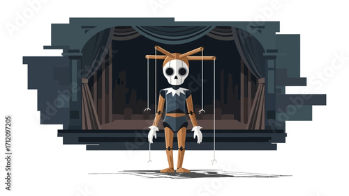 Haunted Puppet on Stage: A haunting puppet with a skeletal face stands center stage, the eerie atmosphere intensified by the dramatic curtains and shadowy backdrop. It evokes a sense of mystery, fear.