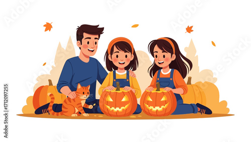 Pumpkin Carving Bliss: A heartwarming scene of a family engrossed in carving pumpkins for the festive season, with animated smiles and a friendly feline friend adding to the cheerful atmosphere.