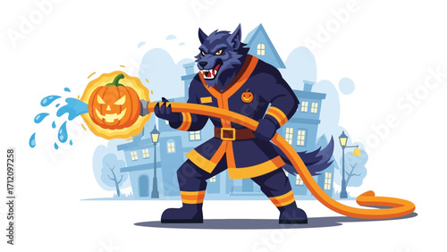 Halloween Werewolf Firefighter: A fierce werewolf, embodying both terror and bravery, commands a hose that spews water onto a jack-o'-lantern, set against a spooky Halloween backdrop.