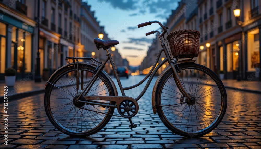 Fototapeta premium Vintage Bicycle Resting on Cobblestone Street at Dusk, Illuminated by Streetlights