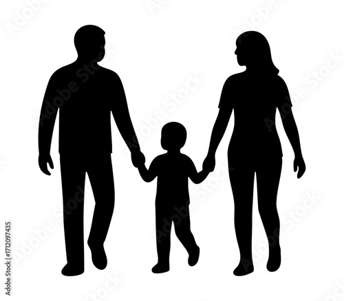 Family Silhouette Stroll: A simple yet poignant black silhouette captures a family's quiet bonding. A father, a mother and their child hold hands and walk. conveying unity.