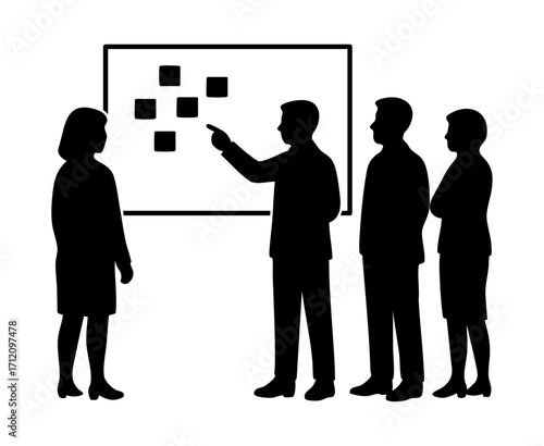 Business Meeting: A team of silhouetted professionals gather around a board, focusing on strategy. A moment of collaboration and idea exchange. 