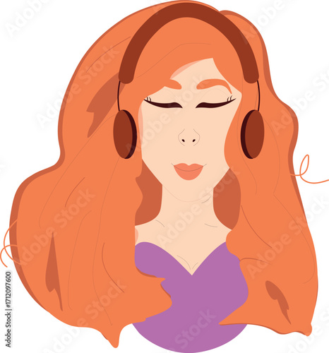 A red-haired girl with headphones and her eyes closed