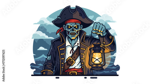 Undead Pirate's Voyage: An illustration of a zombie pirate, holding a lantern, sailing on the sea, under the cloudy sky.