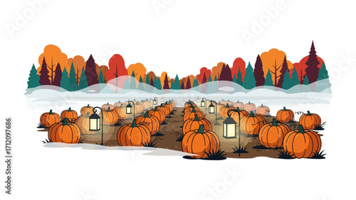 Pumpkin Patch Lane: A whimsical illustration of a pumpkin patch, leading the eye through a lantern-lit lane towards a vibrant autumn forest, inviting warmth and seasonal cheer.