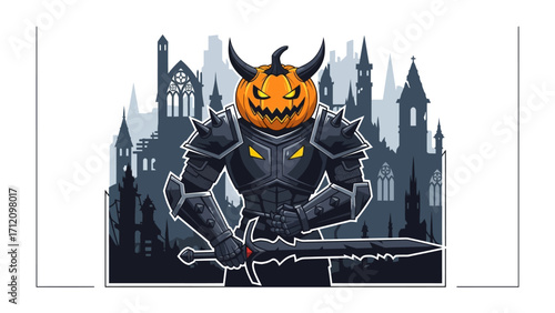 The Pumpkin Knight: A formidable pumpkin knight, with a carved pumpkin head and imposing armor, stands guard before a gothic castle silhouette, ready for the Halloween season.