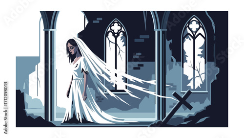 Ghostly Apparition: A spectral figure in a tattered wedding dress wanders through the ruins of an ancient church, her ghostly form casting a haunting presence.