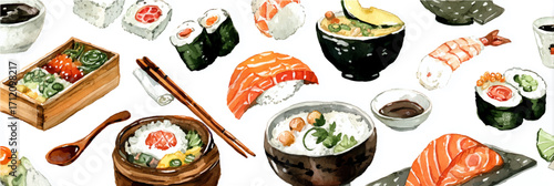 Vector illustration, Various Japanese foods cuisine. Watercolor painting, banner.