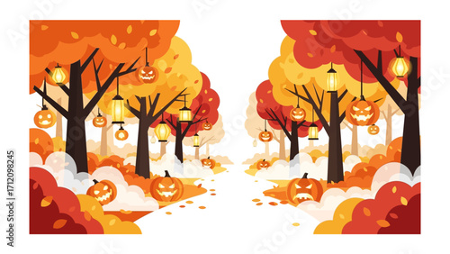Halloween Festive Forest Scene: Animated illustration depicts a spooky Halloween scene, trees with carved pumpkin lanterns, inviting a sense of autumnal festivities and eerie wonder.