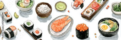 Vector illustration, Various Japanese foods cuisine. Watercolor painting, banner.