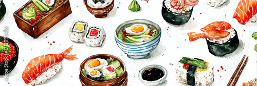 Vector illustration, Various Japanese foods cuisine. Watercolor painting, banner.
