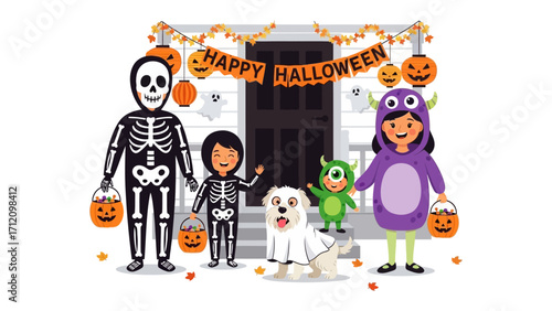 Spooky Halloween Gathering: A family and their pet, joyfully dressed in costumes, gather in front of a decorated house, the scene encapsulates the festive spirit of Halloween.