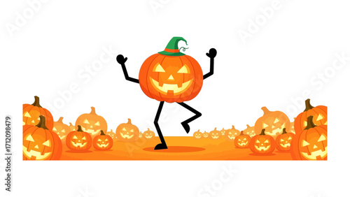 Spirited Jack-o'-Lantern Jamboree: A playful illustration depicts a lively jack-o'-lantern dancing with glee, its vibrant form set against a cheerful backdrop of grinning pumpkins.