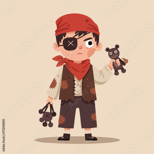 a child wearing an eye patch, a ragged vest, and a red bandana, brandishing a toy