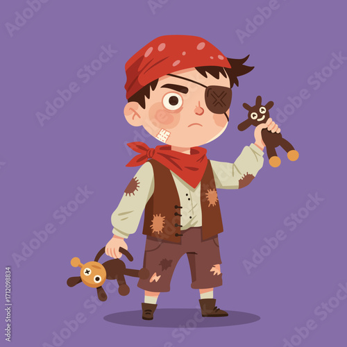 a child wearing an eye patch, a ragged vest, and a red bandana, brandishing a toy