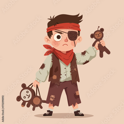 a child wearing an eye patch, a ragged vest, and a red bandana, brandishing a toy