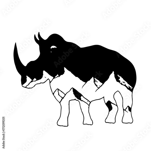 Dynamic rhino logo design with mountain landscape, powerful wildlife symbol for conservation brand