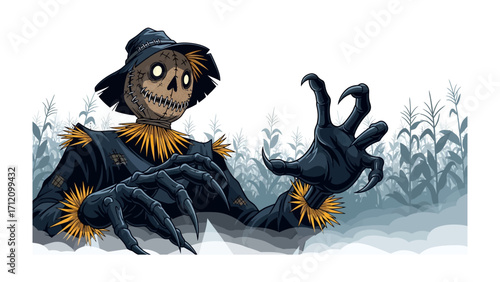 Spooky Scarecrow's Reach: A detailed cartoon depiction of a menacing scarecrow emerging from a cornfield, evoking a sense of eerie anticipation with its outstretched clawed hand.