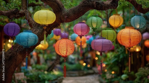 Colorful paper lanterns hang on a rope in Hoi An, Vietnam, creating a festive atmosphere during daytime near a river