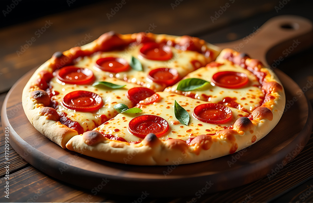mouthwatering pepperoni pizza lies weathered wooden cutting board illuminated soft overhead studio lights accentuate gooey