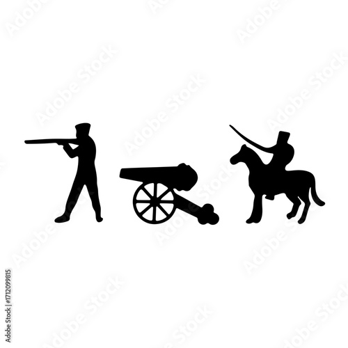 Civil War icons depicting infantry, cannon, and cavalry in a vintage style illustration