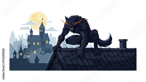 Creature of the Night: A fearsome werewolf perched atop a gothic rooftop, bathed in the eerie glow of the moon, ready to hunt. 