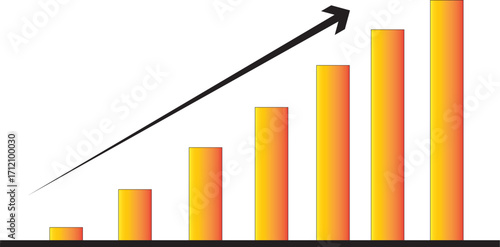 A vertical bar graph with ascending orange-yellow gradients and an upward arrow, symbolizing growth, success, and positive trends. Ideal for business, finance, or data-driven visuals.