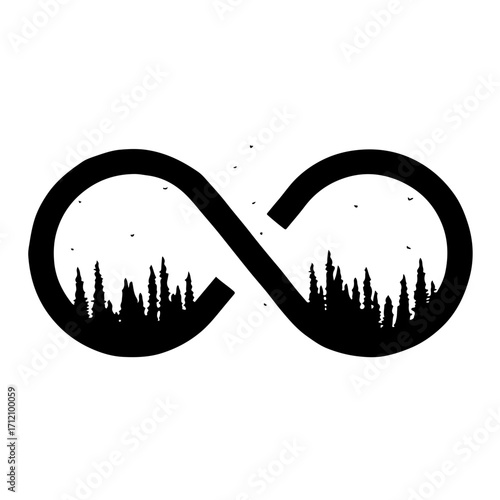 Endless nature connection logo, timeless outdoors symbol, infinite forest design, sustainable lifestyle