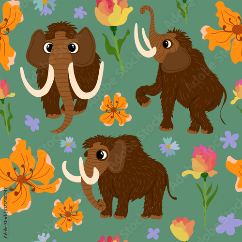 Seamless vector pattern with cute woolly mammoths and bright flowers on green background