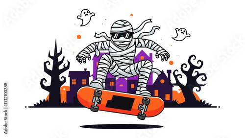 Mummy on Skateboard: A playful illustration of a mummy, wrapped in bandages, performing a skateboard trick against a whimsical Halloween backdrop. 