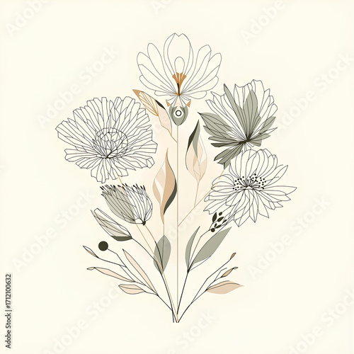Elegant Floral Bouquet with Line Art and Soft Earthy Tones
