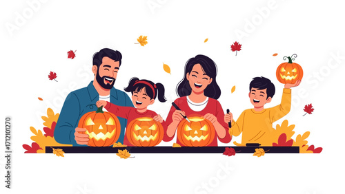 Happy Halloween Carving: A family of four engages in a spirited and festive Halloween tradition, illuminated by cheerful grins and the warm glow of carved pumpkins.