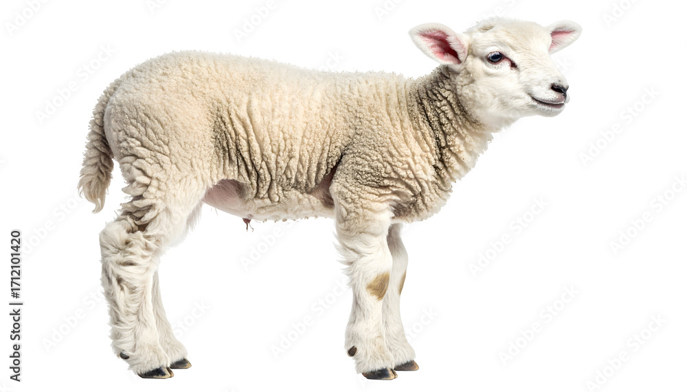 Obraz premium A young lamb standing and looking to the side isolated on transparent background