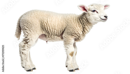 A young lamb standing and looking to the side isolated on transparent background