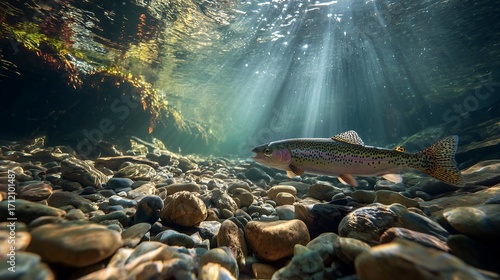 Rainbow trout swimming in clear stream water