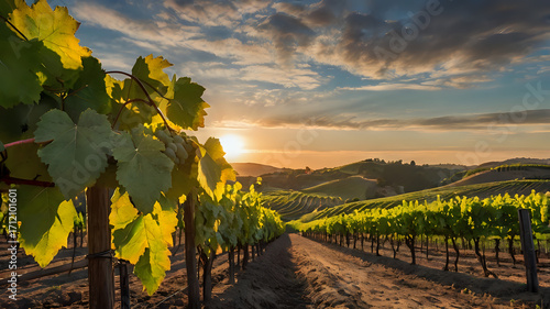 Sunrise over vineyard hills with rows of grapevines stretching into distance