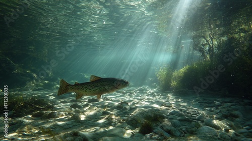 Trout swimming in clear river sunlight
